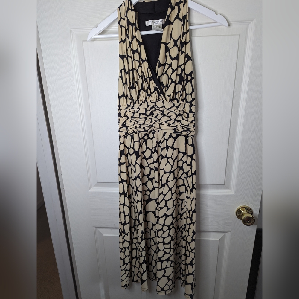 Evan Picone beige & black print sleeveless dress V neckline ruched waist Size 4